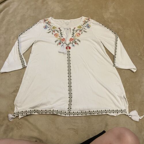 J. JILL Tunic Top White Embroidered 3/4 Sleeve Womans Size S Boho Floral Tassel - Picture 2 of 18