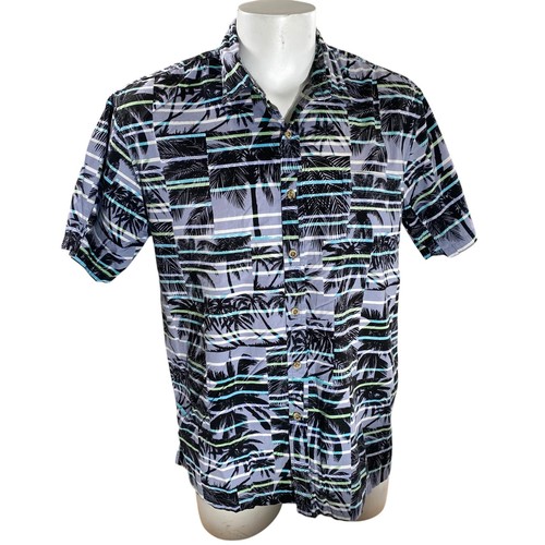 Cooke Street Hawaiian Shirt Large Palm Tree Silhouettes Stripes Gray White - Picture 2 of 7