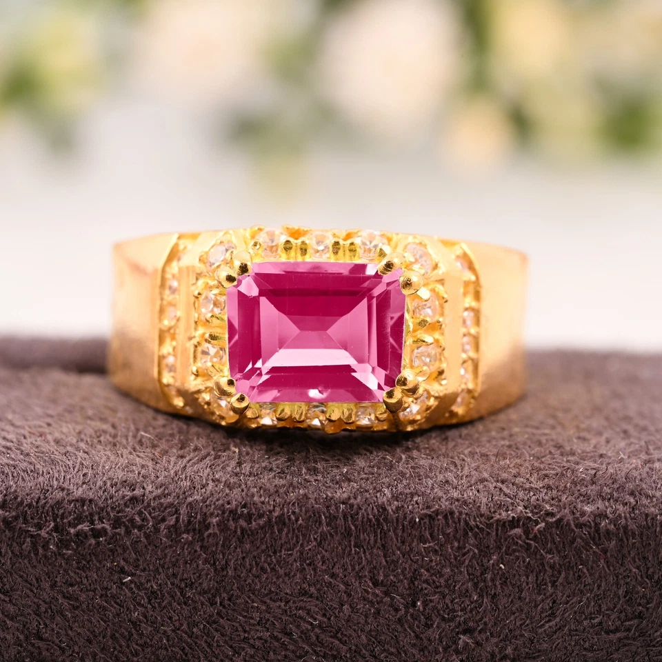 Men’s 14K Yellow Gold Ring, Pink Tourmaline Emerald Cut Natural Gemstone Ring. - Image 2 of 3