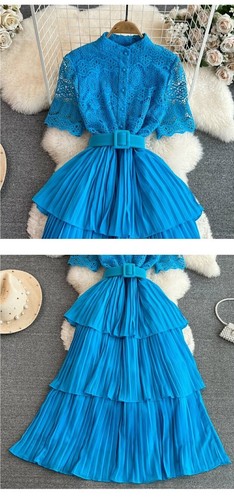 Womens Short-sleeved Stand-up Collar Lace Splicing A-line Pleated Cake Dresses - 第 13/30 張圖片