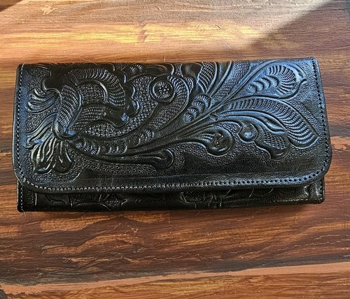 Cartera Western Boho Hecha a Mano en México Cuero Negro 8 IN Larga Nueva - Imagen 6 de 11