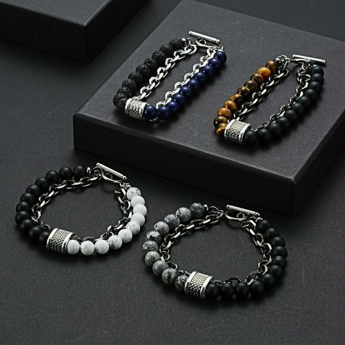 Fashion Natural Map Tiger Eye Stone Bead Stainless Steel Mens Bracelets Jewelry - Picture 8 of 106