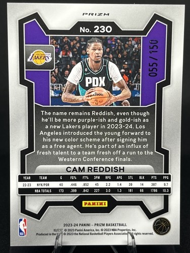 Tarjeta #230 CAM ROJIZA 2023-24 Panini Prizm/150 AZUL FAST BREAK PRIZM LA Lakers - Imagen 2 de 3