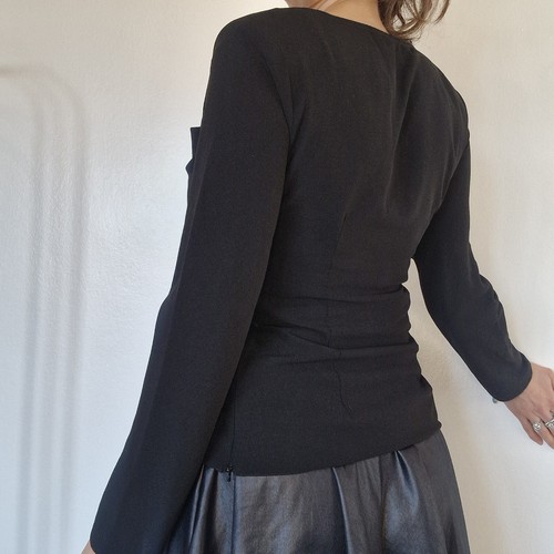 ASOS Design Smart Black Top Chiffon Shoulder Pads Ruching Long Sleeve Size 8 - Picture 4 of 5