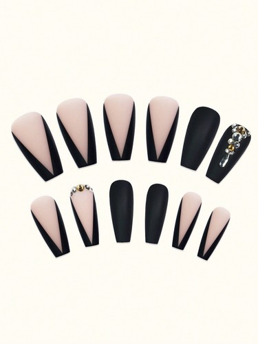 24pcs Long Coffin Rhinestone Decor Black Fake Nail False Nails Press On Nails - Picture 7 of 7