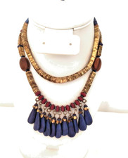 Vintage Double Strand Statement Fringe Necklace Square Gold Color Beads Blue Red