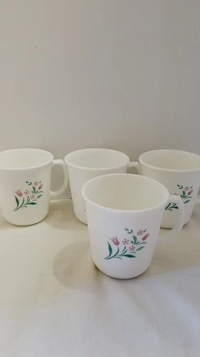 Vintage Corelle Corning Ware Rosemarie Pink Tulip Coffee Cups Mugs SET OF 4