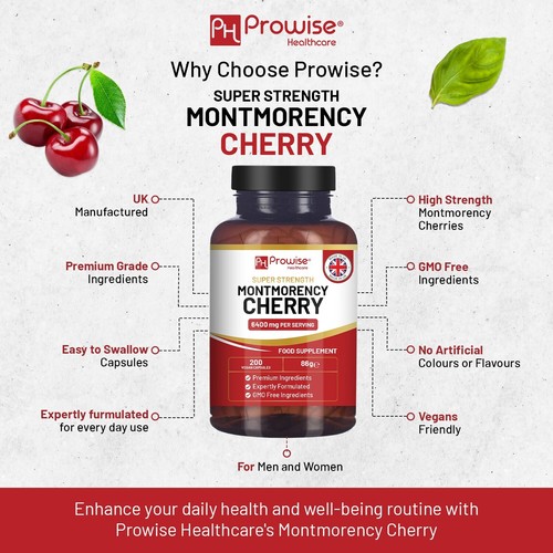 Montmorency Cherry 6400mg - 200 Tart Cherry Capsules - Natural Tart Cherry - Picture 6 of 12