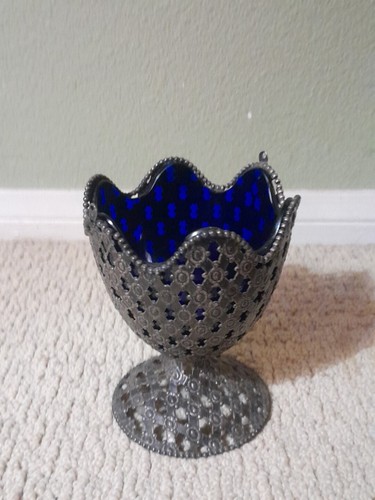 Antique Sterling Silver Cobalt Blue Glass Basket No Handle
