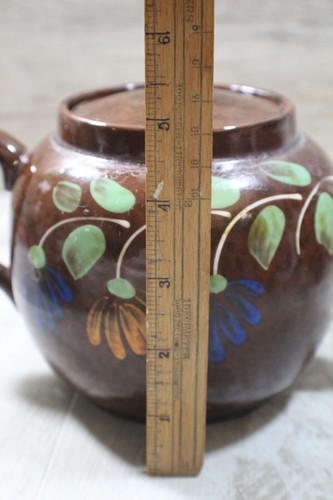 Antique Teapot Brown Blue Yellow floral ceramic pot/ stamp on bottom - Picture 4 of 7
