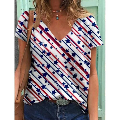 Women's Patriotic T-Shirt USA Flag Print 4th of July V-Neck Short Sleeve Top - Picture 13 of 54