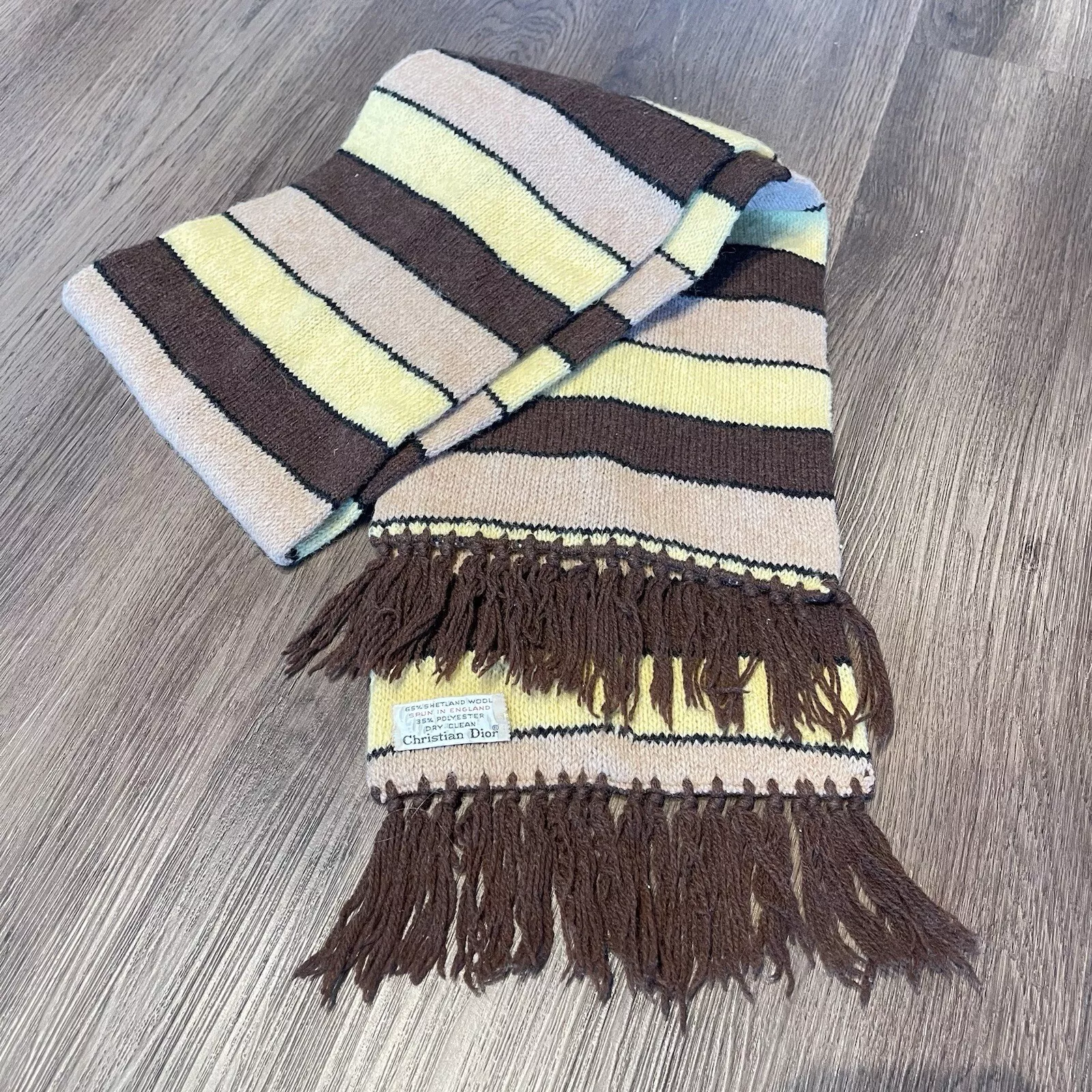 Christian Dior écharpe vintage en laine Shetland rayures tricot filé Angleterre jaune marron
