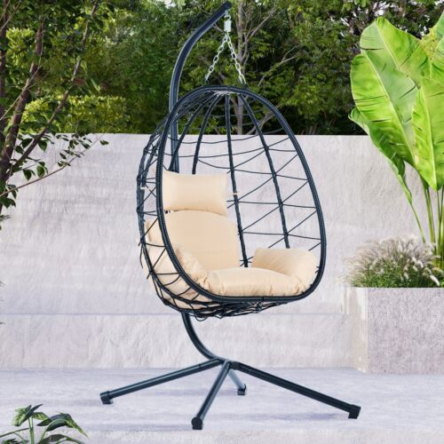 2 Person Outdoor Rattan Hanging Chair Patio Egg Swing Chair with Stand Cushions - Picture 23 of 130