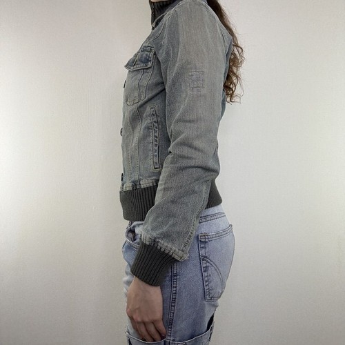 Y2K vintage denim jacket faded denim yellow contrast stitch zip up - Picture 6 of 8