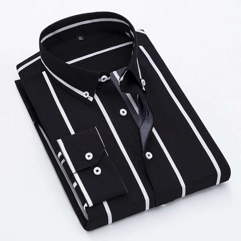 Mens Dress Shirts Long Sleeves Slim Fit Camisas Striped Cotton Casual Shirts Top - Image 2 of 2