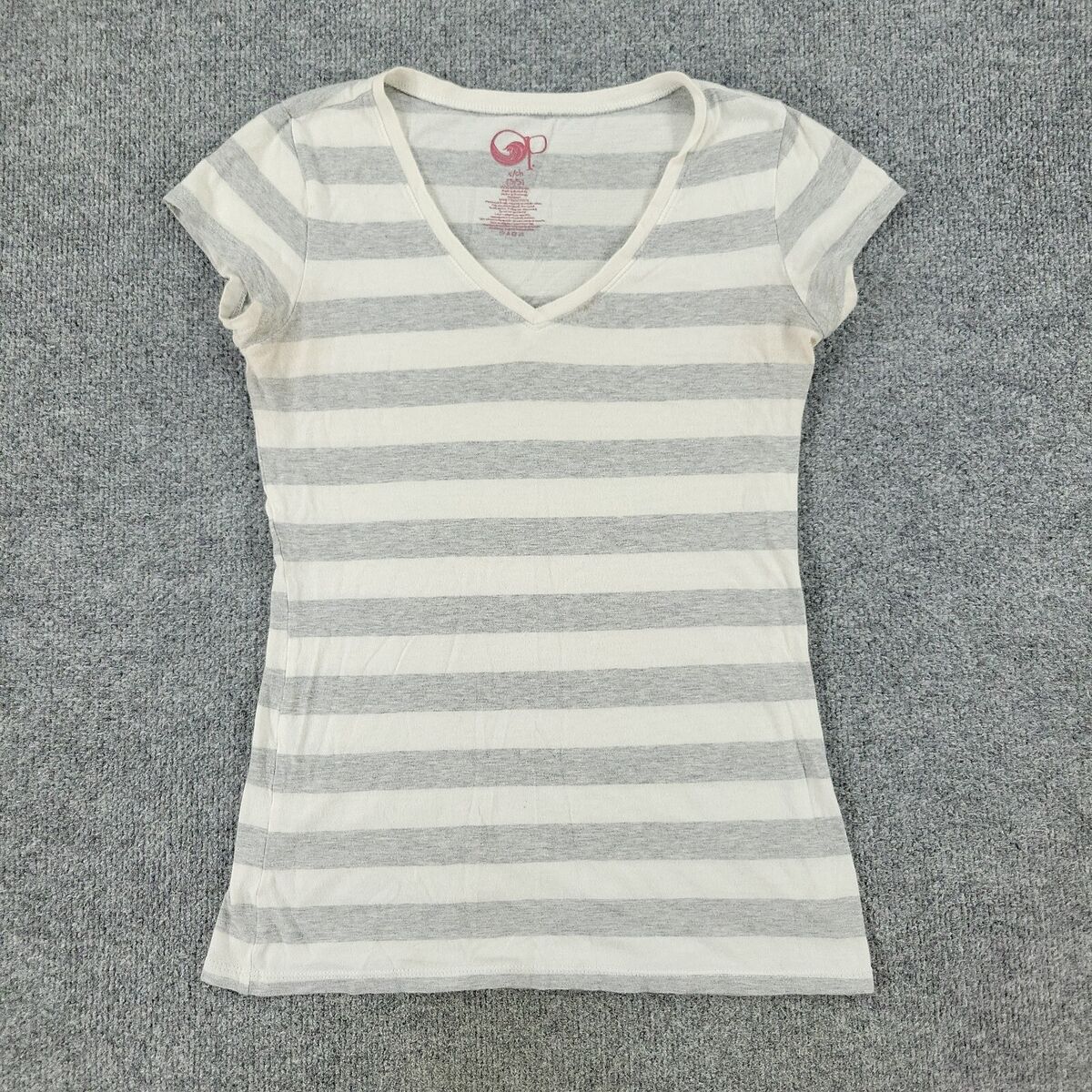 ポロシャツ フェイクツーピース striped V-neck short sleeve Op Shirt Women's Junior Small Gray Striped Ocean Pacific V