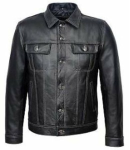Trucker-Black-Leather-Jacket-Real-Sheepskin-Classic-Vintage-Bomber-Biker-for-Men