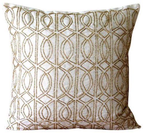 Pillow Cover Ivory 16"x16", Sofa Decor Silk Geometric Modern - Gold Taj - Picture 4 of 8