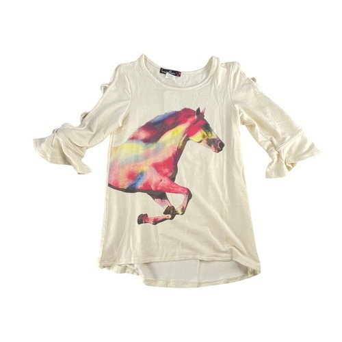 Love Alexa Girls Top Size M Colorful Horse Print Top Ruffle Sleeves M Girls Ivor - Picture 2 of 7