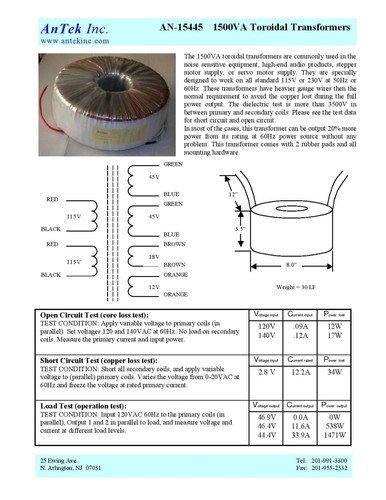 1.5KVA 1500VA 45V x2 +18V + 12V Toroidal Transformer AN-15445 - Picture 3 of 3