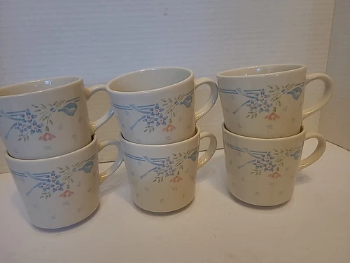 Vintage Corning Symphony Mugs Cups Set of 6 Blue Flowers Bow