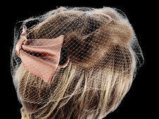Vintage Fascinator Hat Brown Satin Wide Ribbon Bow Veil with Mink Trim