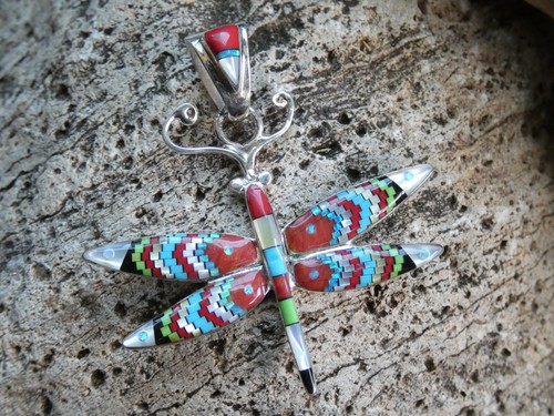 Micro Inlay Dragonfly Mosaic Gemstone Fire Opal Sterling Silver 925 Pendant R48 - Picture 3 of 9