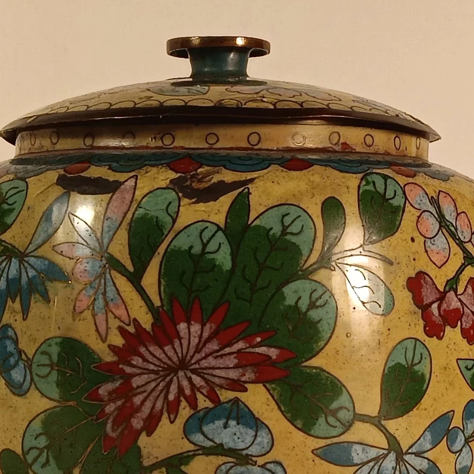 Olla de agua cloisonné china - floral y mariposa - tarro con tapa - 6" vintage Foto 3 de 4