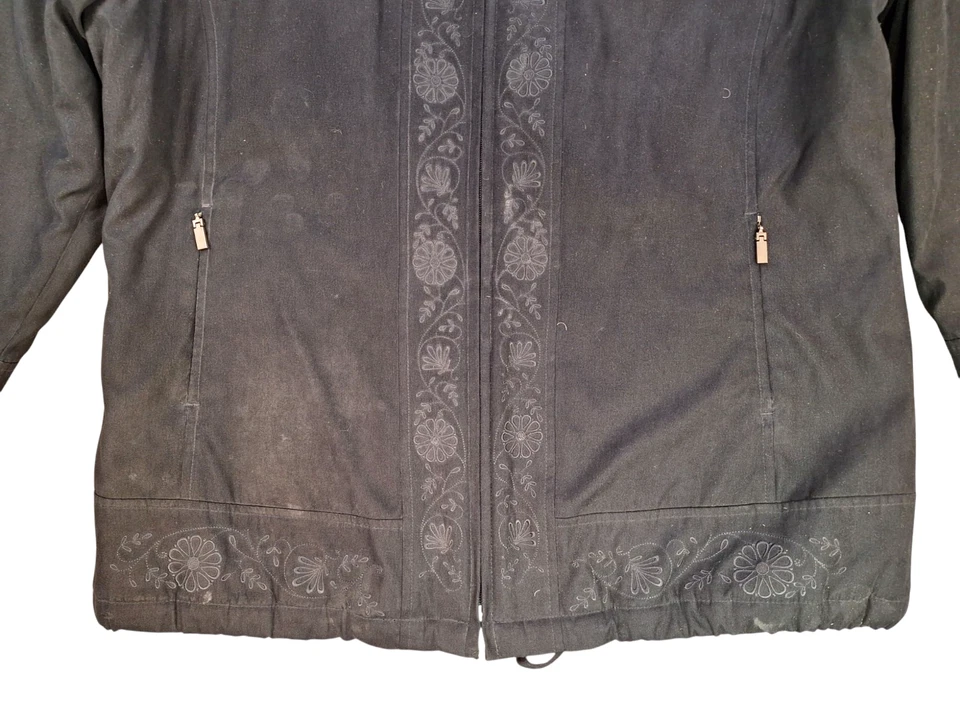 Abrigo London Fog para mujer talla XL para todo clima negro borde floral bordado cremallera Foto 3 de 4