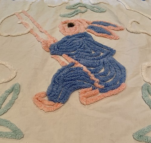 Vtg Bunny Rabbit Chenille Baby Crib Bedspread Blanket Blue Pink Swing Play Quilt - Picture 6 of 6