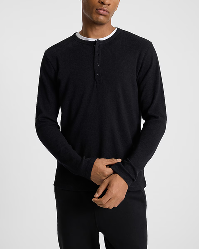 NWT - EXPRESS Men's Solid Black Waffle Knit Long Sleeve Henley, Sz M - $48 - Picture 4 of 7