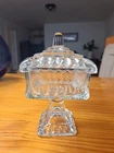 Vintage Jeanette wedding Glass Square And Lidded Pedestal Candy Dish 6.5”T
