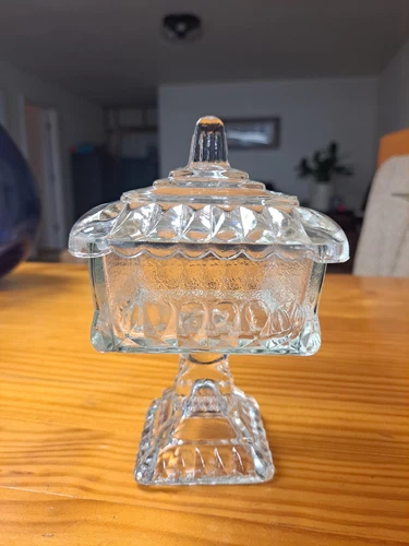 Vintage Jeanette wedding Glass Square And Lidded Pedestal Candy Dish 6.5”T