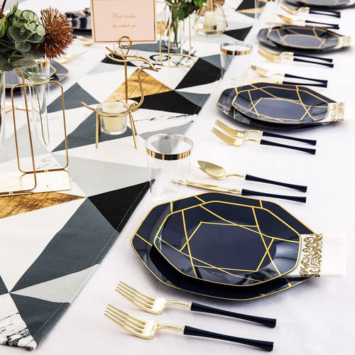140PCS Blue Plastic Plates, Octagonal Gold Rimmed Dinner & Dessert Plates, Blue - Picture 6 of 12