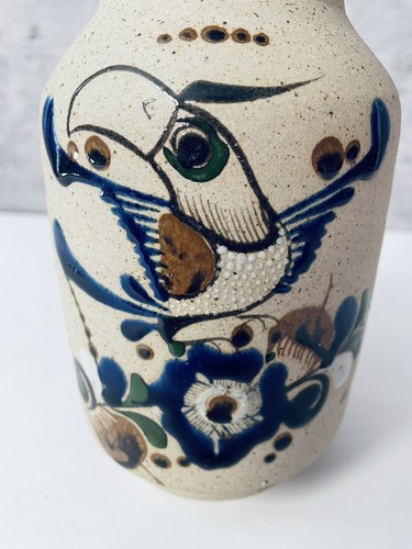 Vaso ceramica messicana Tonala arte popolare uccellino fiore artista firmato vintage 8" regalo - Foto 2 di 14