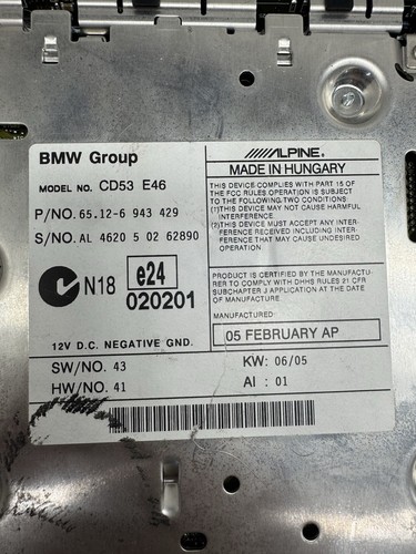 1999-2006 BMW E46 3-SERIES GENUINE CD AUDIO STEREO RADIO ALPINE OEM 65126943429 - Picture 7 of 8