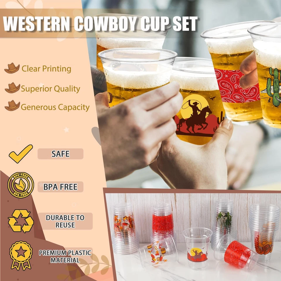 100 piezas tazas de plástico Western Cowboy, 12 OZ desechables temáticas de vaquero... Foto 2 de 4