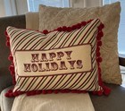 D.L. RHEIN Velvet Happy Holidays Red Green Pom Tassel Rectangular Pillow 19”x14”