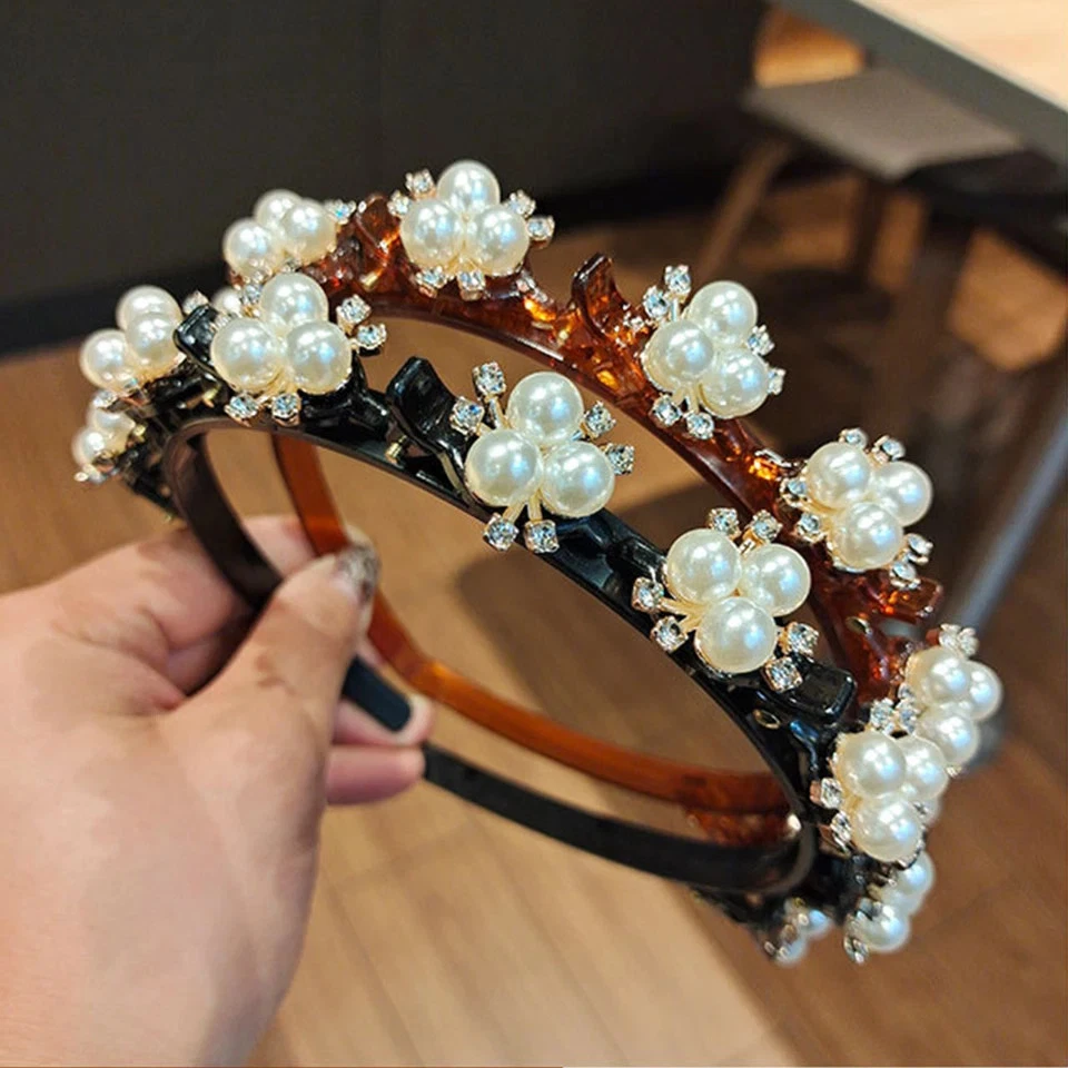 Diadema trenzada de doble capa diadema de punto de plástico para mujer accesorios de perlas Foto 3 de 4
