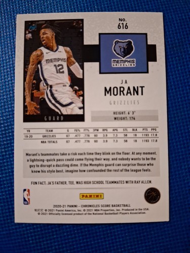 2020-21 JA MORANT SCORE NBA CARD #616 MEMPHIS GRIZZLIES MURRAY ST STATE - Bild 2 von 2