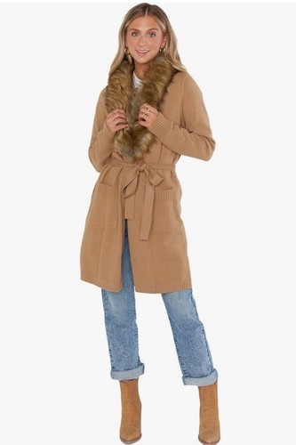 Show Me Your MuMu Camel Cabin Cardigan Faux Fur Trim Belt Sz XS - Picture 3 of 16