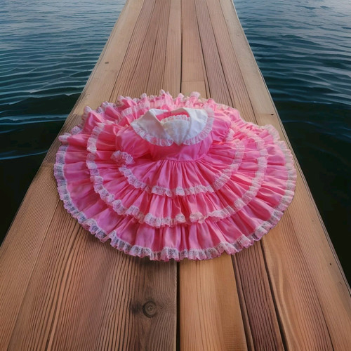 Vintage Lilo California Mädchen rosa weiß Spitze Rüschen Ostern Hochzeitskleid Größe 5 - Bild 1 von 21