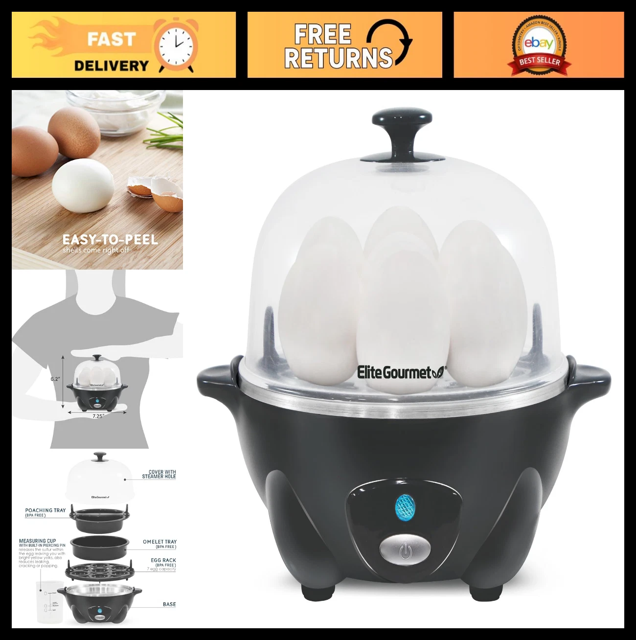 Rapid Egg Cooker - 7 Egg Capacity, Easy Peel Hard/Soft Boiled, Poacher, Omelet M
Opens in a new wind