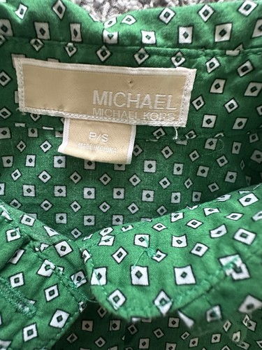 Michael Kors green white geo print retro roll sleeve slim smart casual shirt S/P - Picture 14 of 17