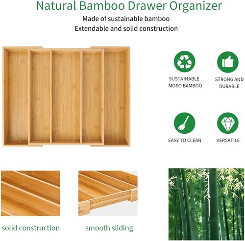 Bamboo Drawer Organizer Expandable - Adjustable Utensil Cutlery Tray Divider - Picture 6 of 8