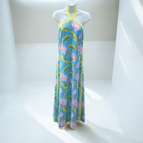 Gretchen Scott Neckholder Maxikleid Blumenmuster ärmellos limettengrün blau Gr. S - Bild 1 von 6
