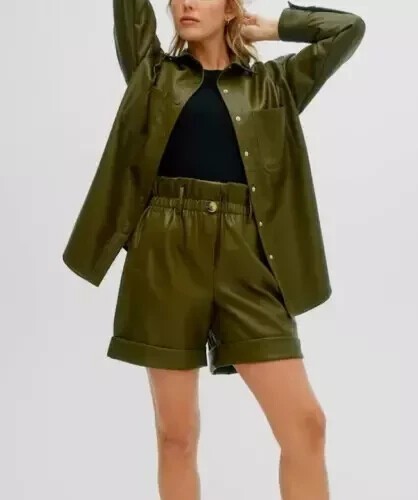 Camisa para mujer talla verde informal elegante suave piel de cordero genuina hecha a mano cuero - Imagen 2 de 5