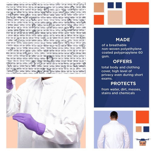 Disposable Lab Coats 43" Long 60ct White 3XL PPE Gowns w/ Stand-Collar Elastic - Picture 3 of 7