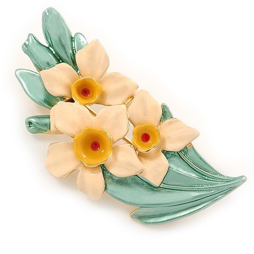 Cream/ Yellow/ Light Green Daffodil Floral Brooch In Gold Plating - 50mm L - Picture 2 of 4