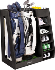 Premium Birch Golf Bag Storage for 2 Bags 7-Shelf Organizer with Turf Display